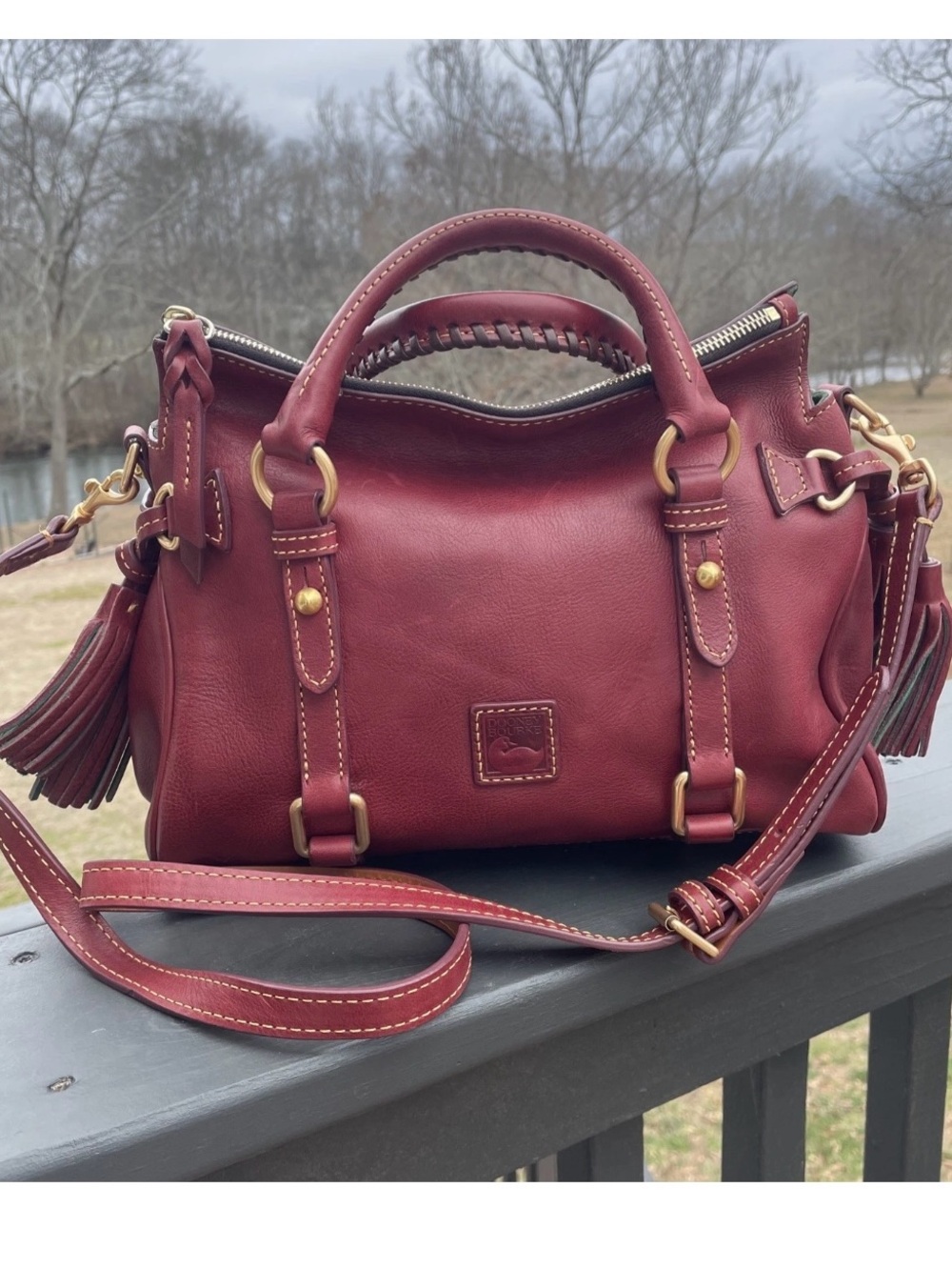 Dooney & Bourke Wine Red Leather Satchel with Gold Hardware